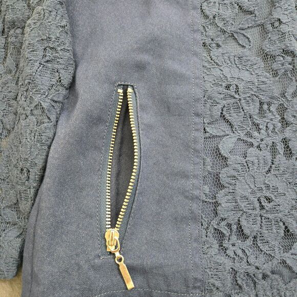 Chico's Women 1 US M Dark Blue Silver Zip Lace Moto Notched Collared Open Blazer - Picture 4 of 12